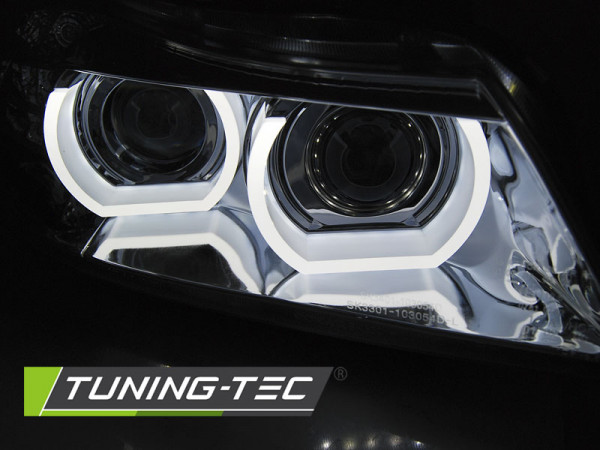 Přední světla 3D LED angel eyes, LED blinkr, D1S xenon, BMW E90/E91 09-11 s AFS chromová