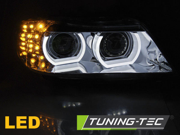 Přední světla 3D LED angel eyes, LED blinkr, D1S xenon, BMW E90/E91 09-11 s AFS chromová