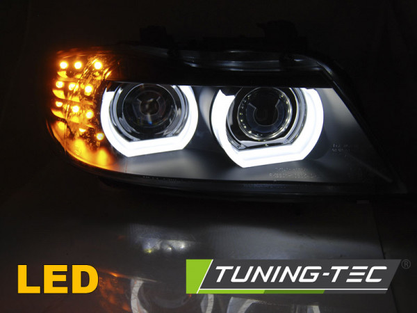 Přední světla 3D LED angel eyes, LED blinkr, D1S xenon, BMW E90/E91 05-08 s AFS černá