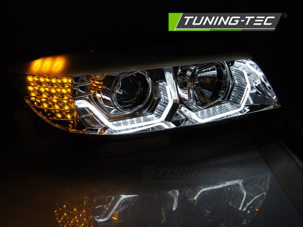 Přední světla 3D LED angel eyes, LED blinkr BMW E90/E91 05-08 chromová