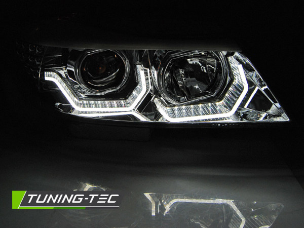 Přední světla 3D LED angel eyes, LED blinkr BMW E90/E91 05-08 chromová