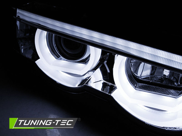 Přední světla 3D LED angel eyes, BMW 7 E38 94-01 chromová