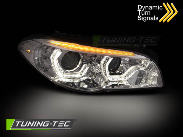 Přední světla s LED dynamickým blinkrem, 3D LED Angel Eyes DRL BMW 5 F10/F11 xenon 10-15 chromová