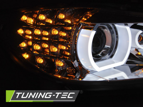 Přední světla 3D LED angel eyes, LED blinkr, D1S xenon, BMW E90/E91 09-11 s AFS chromová