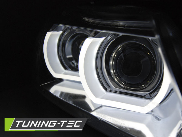 Přední světla 3D LED angel eyes, LED blinkr, D1S xenon, BMW E90/E91 09-11 s AFS chromová