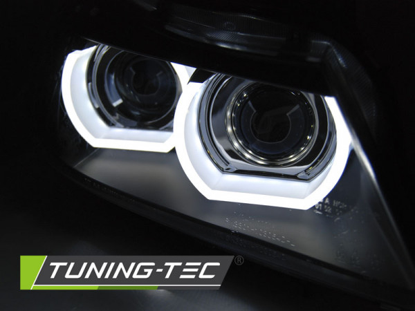 Přední světla 3D LED angel eyes, LED blinkr, D1S xenon, BMW E90/E91 05-08 s AFS černá