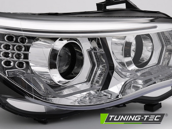 Přední světla 3D LED angel eyes, LED blinkr BMW E60 / E61 03-07 chromová