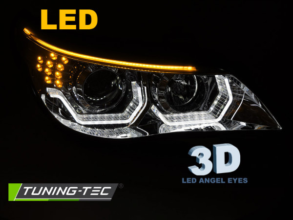 Přední světla 3D LED angel eyes, LED blinkr BMW E60 / E61 03-07 chromová