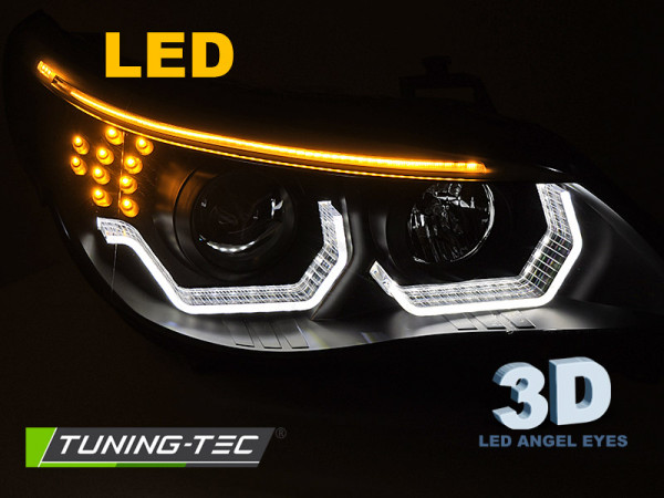 Přední světla 3D LED angel eyes, LED blinkr BMW E60 / E61 03-07 černá