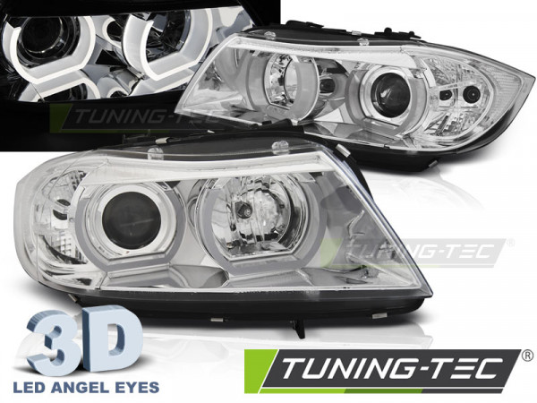 Přední světla 3D LED angel eyes BMW E90/E91 05-08 chromová