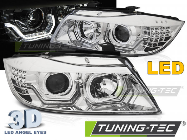 Přední světla 3D LED angel eyes, LED blinkr BMW E90/E91 05-08 chromová