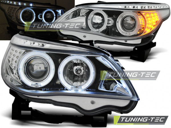 Přední světla angel eyes s LED BMW E60/E61 03-07 LED blinkr chrom