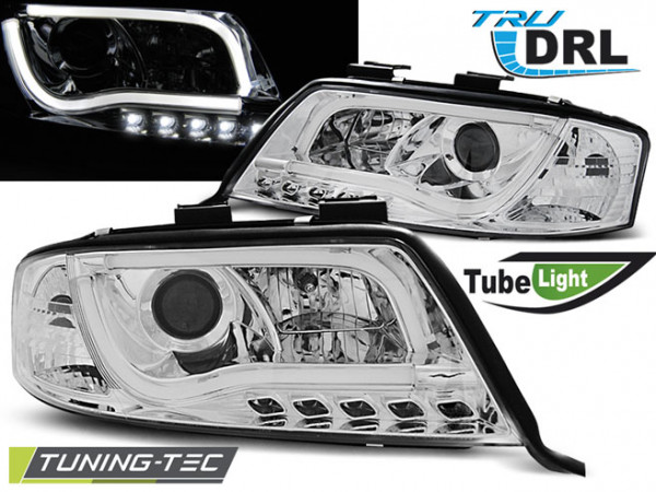 Přední světla s LED TubeLights denními světly Audi A6 C5 97-01 chrom